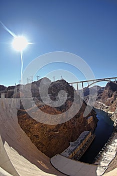 Panoramic view of Hoover Dam and bypass bridge