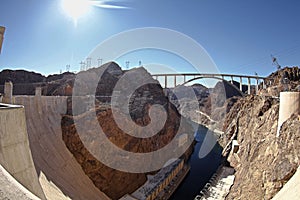 Panoramic view of Hoover Dam and bypass bridge