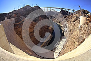 Panoramic view of Hoover Dam and bypass bridge