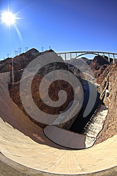 Panoramic view of Hoover Dam and bypass bridge