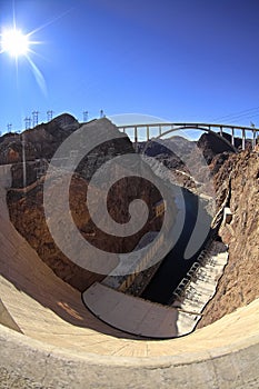 Panoramic view of Hoover Dam and bypass bridge