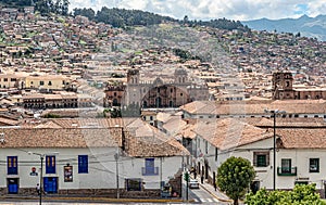 Panoramic view at the houses and Cathedra on Plaza de Armas in Cusco, Peru