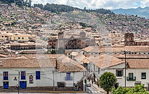 Panoramic view at the houses and Cathedra on Plaza de Armas in Cusco, Peru photo