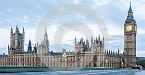 Panoramic view of the Houses of Parliament, Palace of Westminster and Westminster Bridge.