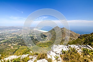 Panoramic view of Hout Bay, a town near Cape Town, South Africa, in a valley on the Atlantic seaboard of the Cape Peninsula