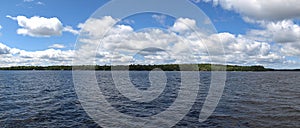 Panoramic view of the huge Lake Muskoka seen from a boat, ON, Canada