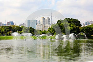 Panoramic view of Ibirapuera Park with Sao Paulo cityscape, Brazil