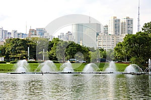 Panoramic view of Ibirapuera Park with Sao Paulo cityscape, Brazil