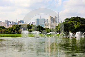 Panoramic view of Ibirapuera Park with Sao Paulo cityscape, Brazil