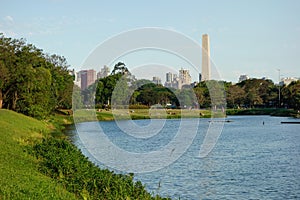 Panoramic view of Ibirapuera Park (Parque do Ibirapuera) with the obelisk of Sao Paulo