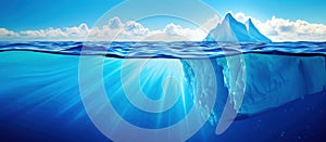 Panoramic View Of Iceberg In Cold Blue Waters - Risk And Hidden Danger Concept