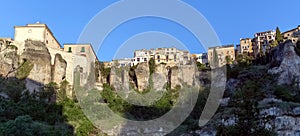 Panoramic view at the iconic Cuenca Hanging Houses, Casas Colgadas, symbol architecture at the city, buildings on the edge at the