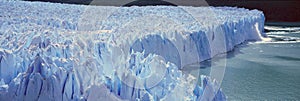 Panoramic view of icy formations of Perito Moreno Glacier at Canal de Tempanos in Parque Nacional Las Glaciares near El Calafate,