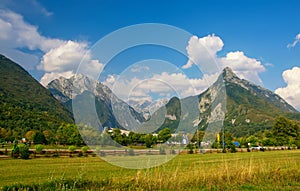 Panoramic view of idyllic mountain valley, Bovec, Julian Alps, Slovenia