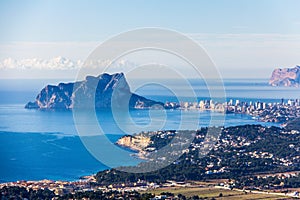 Panoramic view of Ifach Rock Natural Park or `Penon de Ifach ` and Calpe city in Spain photo
