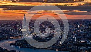 Panoramic view of the illuminated London city skyline during dusk