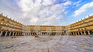 Panoramic view of the immense Plaza Mayor of Salamanca with its arcades around the square. photo