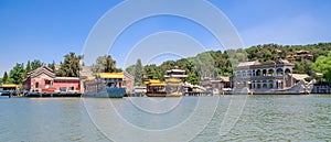 Panoramic view of the imperial Summer Palace with Kunming Lake and the famous Marble Boat in Beijing, China