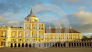 Panoramic view of the impressive royal palace of Aranjuez on its side facade, Madrid, Spain.