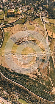 Panoramic view of the inca ruins of Sacsayhuaman on the outskirts of Cusco, Peru. Archaeological site of ancient Incan