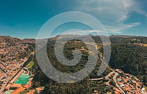 Panoramic view of the inca ruins of Sacsayhuaman on the outskirts of Cusco, Peru. Archaeological site of ancient Incan