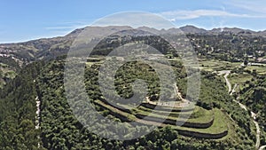 Panoramic view of the inca ruins of Sacsayhuaman on the outskirts of Cusco, Peru. Archaeological site of ancient Incan