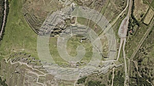 Panoramic view of the inca ruins of Sacsayhuaman on the outskirts of Cusco, Peru. Archaeological site of ancient Incan