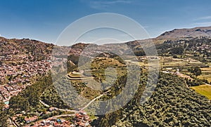 Panoramic view of the inca ruins of Sacsayhuaman on the outskirts of Cusco, Peru. Archaeological site of ancient Incan