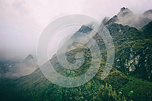 Andes mountains in mist on the Inca Trail. Peru. South America. No people.