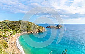 Panoramic view of Innamorata beach in Elba Island, Tuscany, Italy