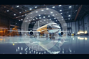 A panoramic view inside an airplane hangar, showcasing passenger aircraft maintenance