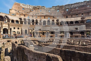 Panoramic view of inside part of  Colosseum in city of Rome, Italy