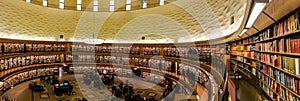 Panoramic view inside Stadsbiblioteket, Stockholm public library, Sweden