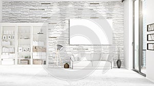 Panoramic view in interior with white leather couch, empty frame