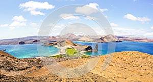 Panoramic view of Isla Bartolome at Galapagos Islands archipelago