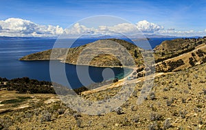 Panoramic View of the Isla del Sol (Island of the sun), Lake Titicaca, Bolivia