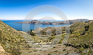 Panoramic view of Isla del Sol on Titicaca Lake - Bolivia