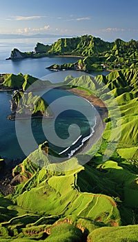 Panoramic view of island with green hills, sandy beaches, surrounded by sea and islands at dawn