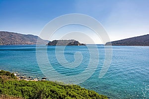 Panoramic view of the island of Spinalonga with calm sea