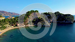 Panoramic view of Isola Bella beach Taormina Sicily Italy