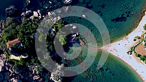 Panoramic view of Isola Bella beach Taormina Sicily Italy