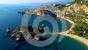 Panoramic view of Isola Bella beach Taormina Sicily Italy
