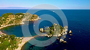 Panoramic view of Isola Bella beach Taormina Sicily Italy