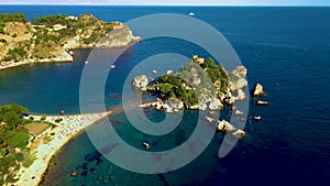 Panoramic view of Isola Bella beach Taormina Sicily Italy