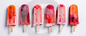 Panoramic view of isolated orange and strawberry popsicles on a white background. Generative AI