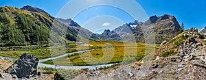 Panoramic view of the Italian Alps from the Mont Blanc massif in Val Veny