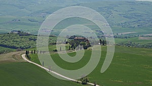 Panoramic view of Italian landscape with gladiators road, villa, hill, cypresses