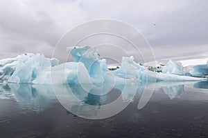 Panoramic view of Jokulsarlon Glacier Lagoonâ€™s turquoise icebergs
