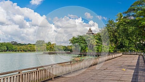Panoramic view of Kandawgyi lake and park in Yangon city, Myanmar