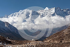 Panoramic view of Kangtega and Thamserku peaks in Nepal photo